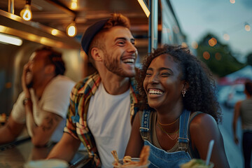 Diverse friends laughing and socializing at food truck during summer