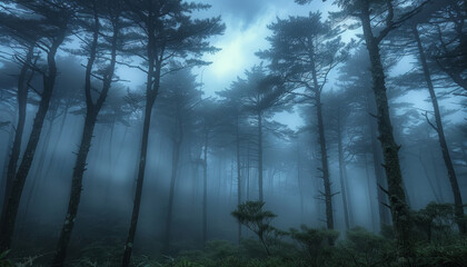 A forest with trees and fog by AI generated image