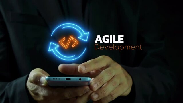 Agile development methodology for process that will help you work faster By reducing step-by-step work and focusing on team communication. Businessman using smartphone to show agile icon on virtual.