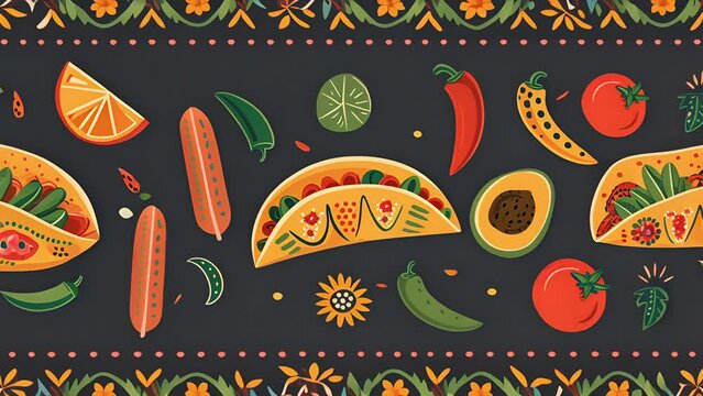 Pushing towards wallpaper with peppers, oranges and a taco. Logo or background for Mexican restaurant.