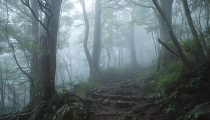 A forest with trees and fog by AI generated image