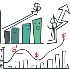 A cartoon set of charts or financial graphs showing rising prices, profits or successful sales.