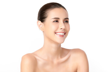 Beautiful young asian woman with clean fresh skin on white background, Face care, Facial treatment,...