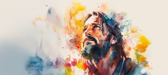 Colorful Watercolor Portrait of Thoughtful Man.