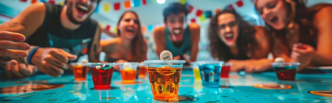 Group of Friends Playing Drinking Game with Colorful Shots and Table Decorations at Party