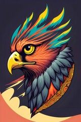 Obraz premium cartoon illustration of falcon head angry, fierce, t-shirt vector art, a vibrant colors, mascot, bird, Aggressive, Bold, Dynamic, Feathers, Wings, Beak, Talons, Intense, Striking, Graphic, Design