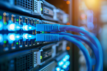 Close-up of network switches and ethernet cables at data center server room. Concept of information technology, network solutions and infrastructure.