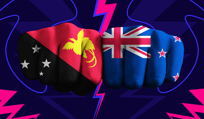 Papua New Guinea VS New Zealand T20 Cricket World Cup 2024 concept match template banner vector illustration design. Flags painted on hand with colorful background