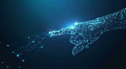 A hand pointing at a glowing blue line. AI.