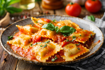 Ravioli pasta dish with tomato sauce