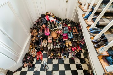 A pile of shoes on the floor next to a staircase. AI.