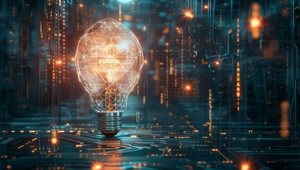 A light bulb is lit up on a circuit board. AI.
