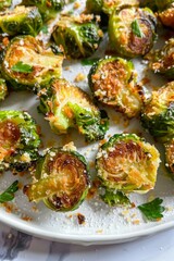 A plate of brussels  with parmesan cheese and parsley. AI.