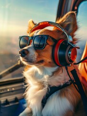 A dog wearing headphones and sunglasses sitting in a plane. AI.
