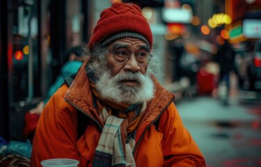 Obraz premium An old man with a beard and red hat sitting on the street. Generative AI.