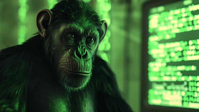 chimpanzee as hacker, aerochromatic aesthetic, binary code glitches, green color grading, transparencies, subtle neon