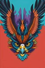 Obraz premium cartoon illustration of falcon head angry, fierce, t-shirt vector art, a vibrant colors, mascot, bird, Aggressive, Bold, Dynamic, Feathers, Wings, Beak, Talons, Intense, Striking, Graphic, Design