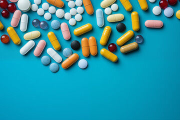 Different pills on blue background. Top view