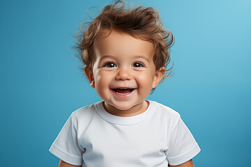 Happy baby on blue background. Close up portrait of cute baby