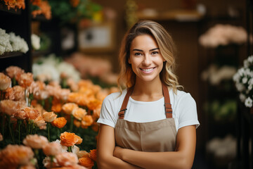 Portrait of cheerful woman standing in her flower shop.