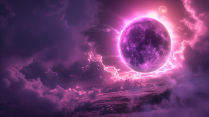 Witchy and cyberpunk style illustration of a solar eclipse moon with pastel pink and purple tones. dark and mysterious background.