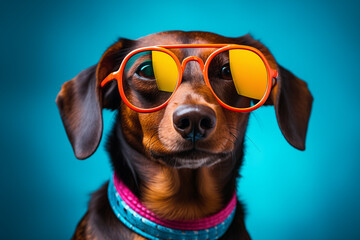 Dog wearing sunglasses. Happy dog with sunglasses. Portrait of smiling dog wearing sunglasses. Happy pet concept
