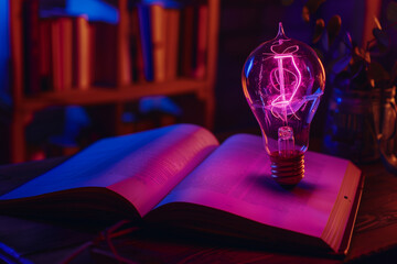 Neon light og bulb on opened book. idea of ​​inspiration from reading. innovation idea concept.