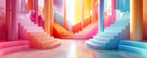 Obraz premium Abstract background with colorful geometric shapes and stairs