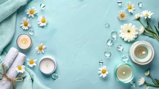 Spa products candle and flowers arranged neatly on light blue surface Text space available
