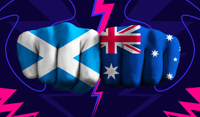 Scotland VS Australia T20 Cricket World Cup 2024 concept match template banner vector illustration design. Flags painted on hand with colorful background