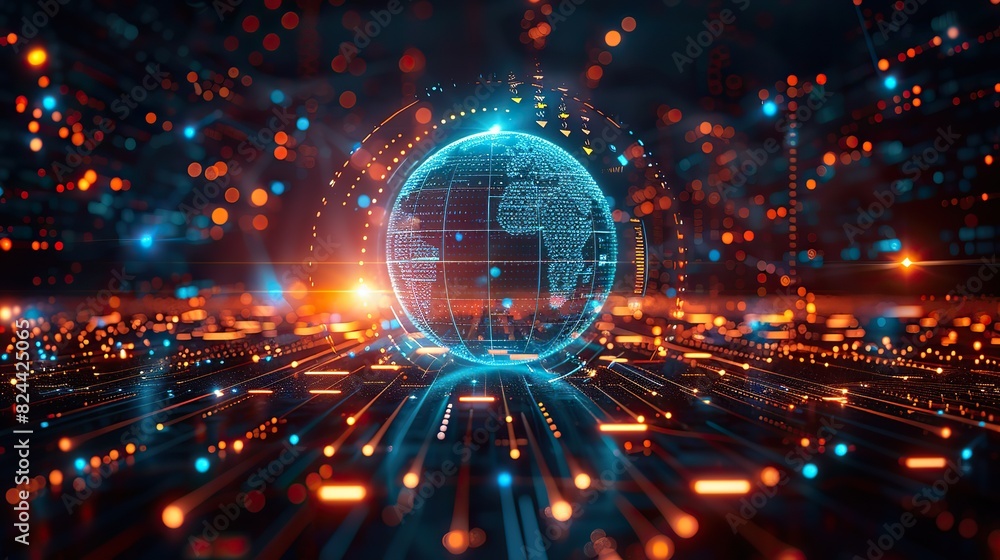 Poster a holographic globe with interactive data points. stock image