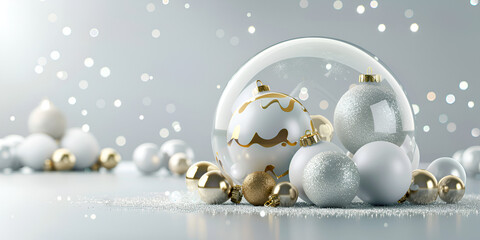 a white and gold Christmas scene with a large glass sphere, surrounded by white and gold ornaments and snow-covered branches background is a light grey color