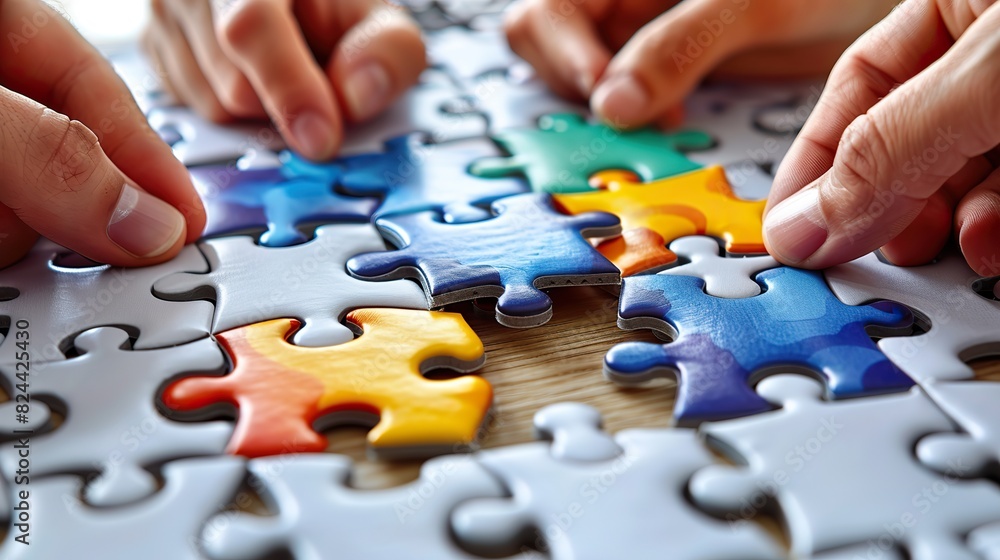 Poster an image of a puzzle being completed by multiple hands, symbolizing collaborative problem-solving. s