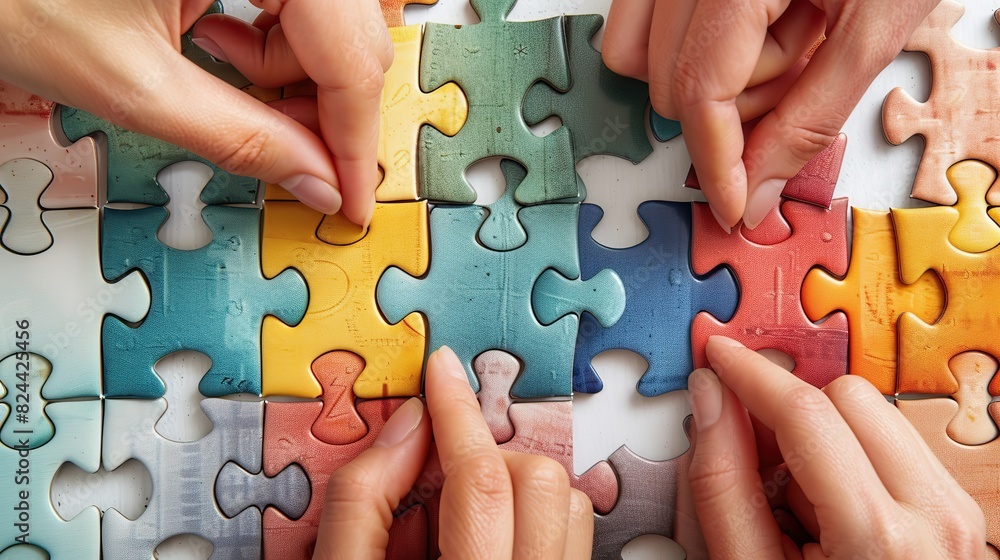 Poster an image of a puzzle being completed by multiple hands, symbolizing collaborative problem-solving. p