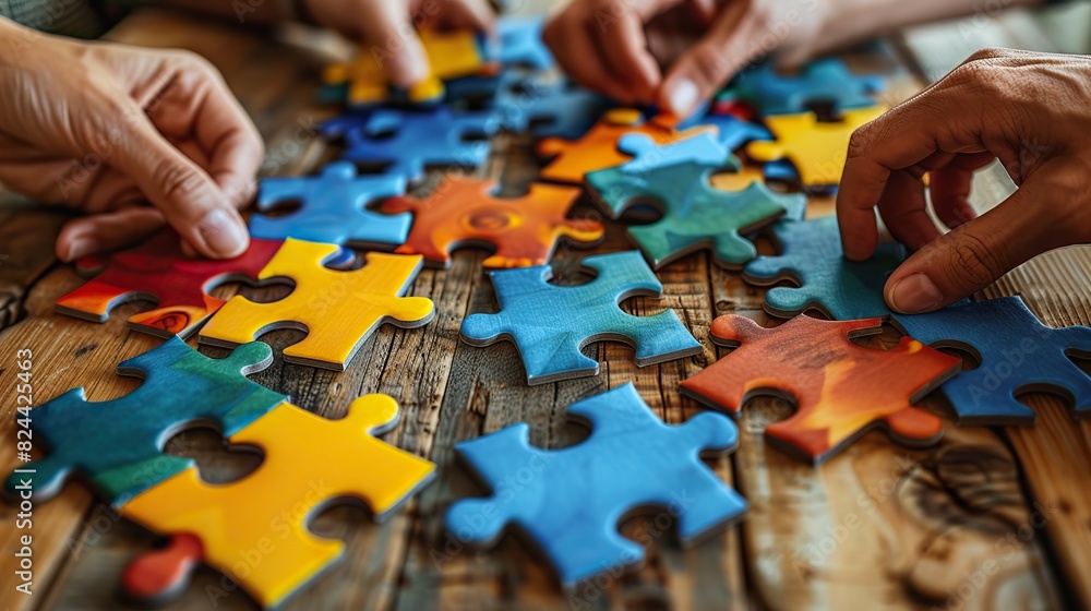 Poster an image of a puzzle being completed by multiple hands, symbolizing collaborative problem-solving. i