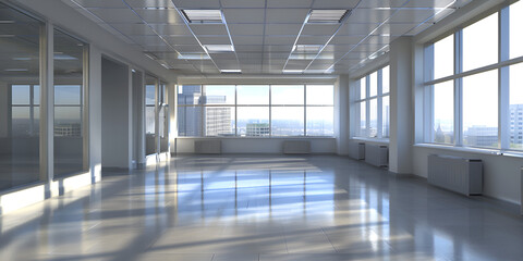 A spacious office area featuring large windows and a gleaming floor.