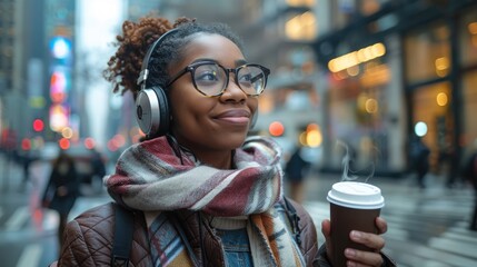 A woman with headphones and a coffee cup stands confidently in a bustling city street, blending style with urban energy.

