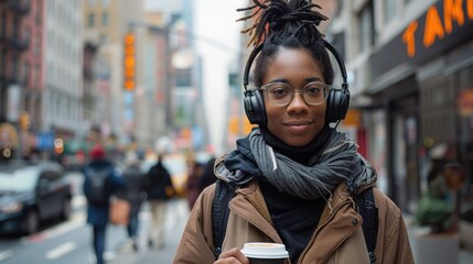 Fototapeta premium A woman with headphones and a coffee cup stands confidently in a bustling city street, blending style with urban energy.