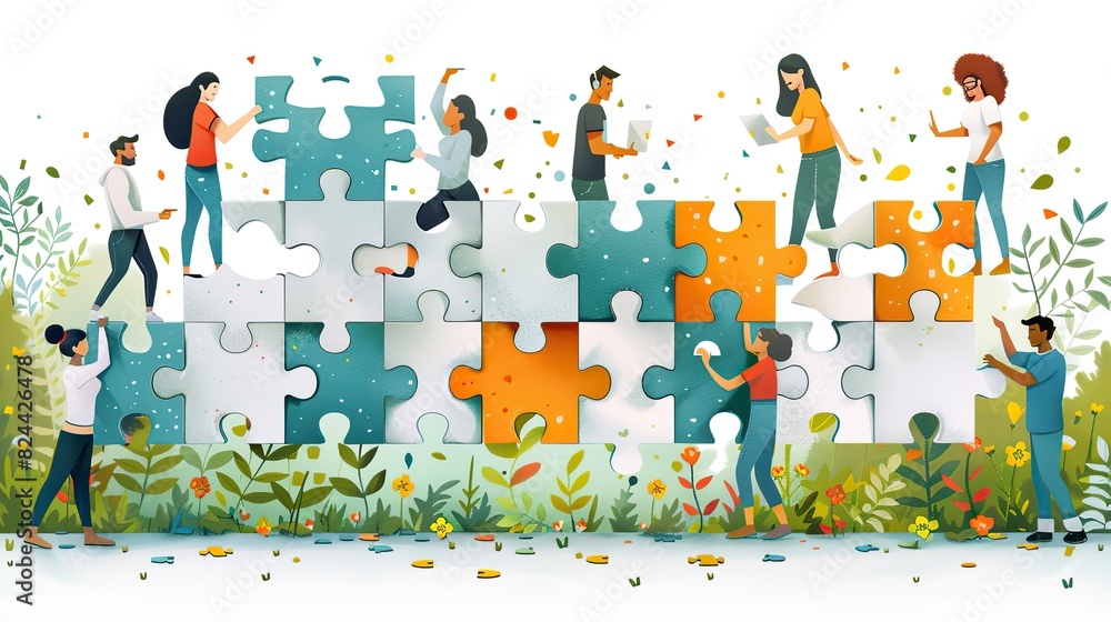Poster a drawing of a group of people assembling a jigsaw puzzle, symbolizing collective problem-solving. p