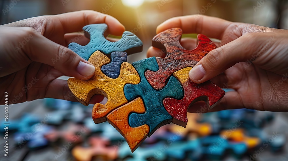 Poster an image of hands connecting pieces of a heart, symbolizing collaborative effort in creating unity. 