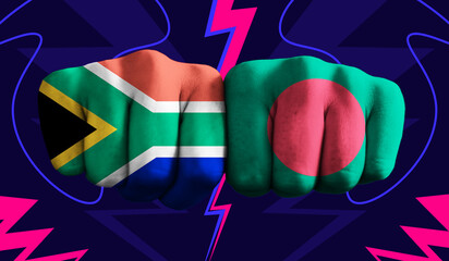 South Africa VS Bangladesh T20 Cricket World Cup 2024 concept match template banner vector illustration design. Flags painted on hand with colorful background