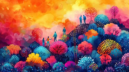 An illustration of a ladder reaching towards the sky, with people supporting each other up the rungs. image