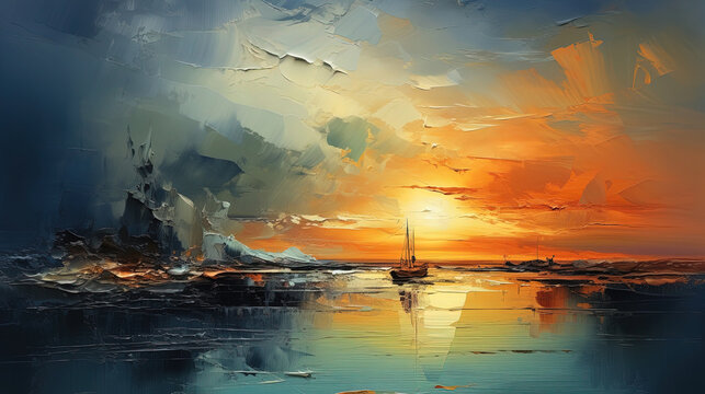 An Minimalistic Oil Painting on Canvas with a Brown and Orange Background In The Style of Dark Sky-Blue and Light Aquamarine Landscape