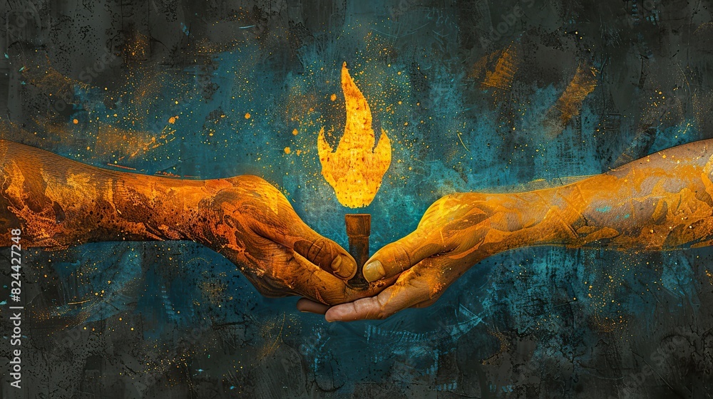 Poster an illustration of hands passing a torch, symbolizing the sharing of knowledge and growth. stock ima