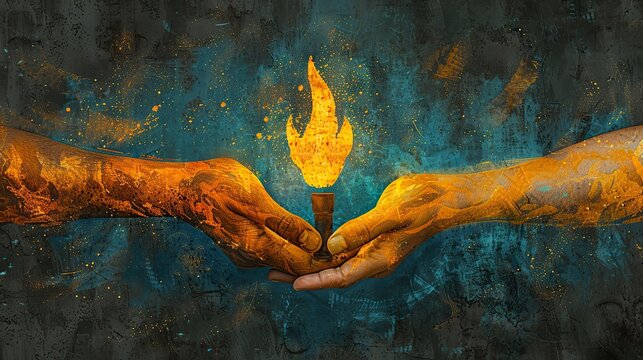 An illustration of hands passing a torch, symbolizing the sharing of knowledge and growth. stock image