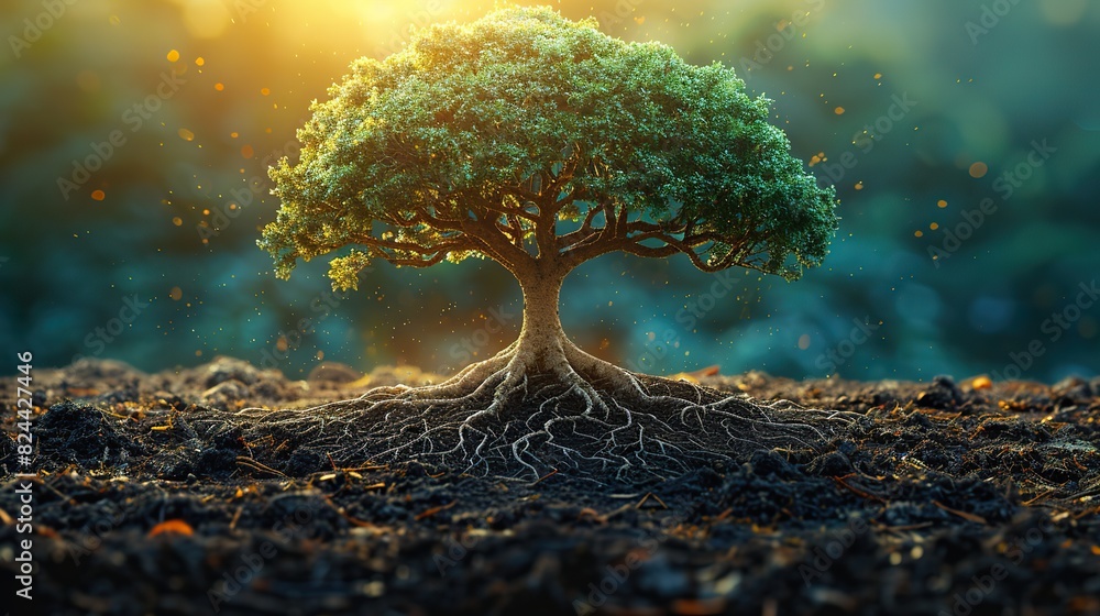 Poster an illustration of a tree with roots intertwined, symbolizing interconnected support systems. stock 