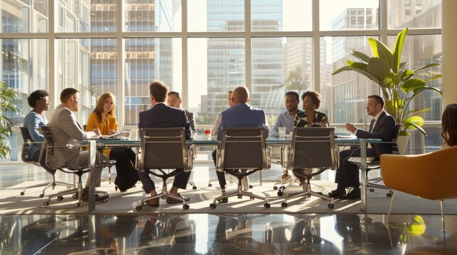 Diverse group of business professionals having a meeting in a modern office space. AIG535