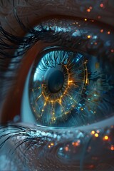 human eye close up with expressive intricate circuits surrounding abstract digital fantasy background