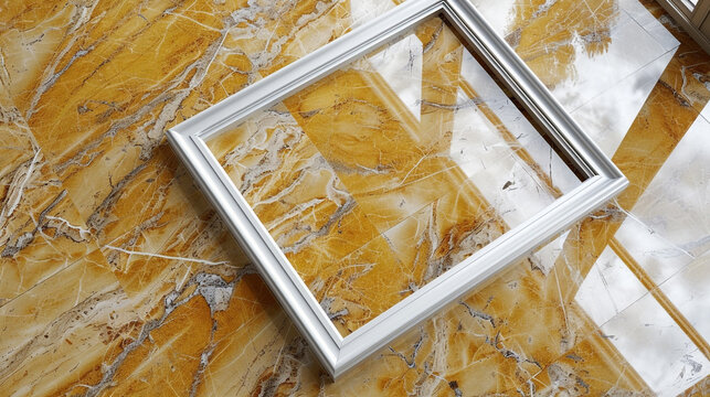 Gallery with a 3D empty frame on an elegant Giallo Siena marble floor.