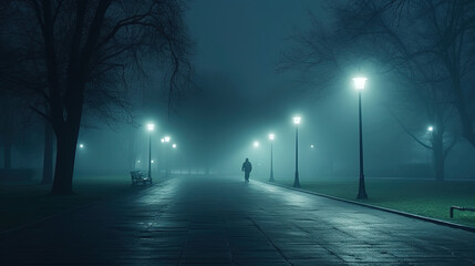 Bleak Very Foggy Winter Morning In An Empty City Park There Is One Street Lamp Lighting A Section Of Path Through Park During Early Morning Time Landscape Background